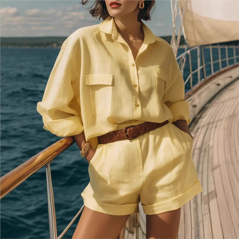 Summer Linen Clothing For Women - Completi Due Pezzi Blu da Donna